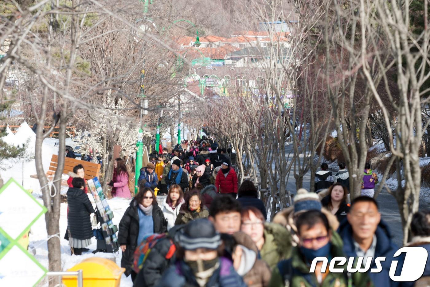 본문 이미지 - 19일 강원 태백산국립공원 당골 광장 일원에서 열린 제25회 태백산눈축제를 찾은 관광객들이 붐비고 있다. 제25회 태백산눈축제는 19일부터 2월11일까지 총 24일간 태백산국립공원과 황지연못(문화광장), 365세이프타운 등 시내일원에서 펼쳐진다. 2018.1.19/뉴스1 ⓒ News1 박하림 기자