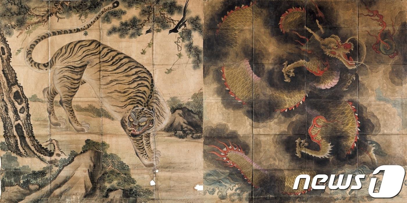 '용과 호랑이'(龍虎圖), 조선, 19세기, 종이에 먹과 옅은 색, 221.5&times;218.0cm(虎), 222.0&times;217.0cm(龍), 국립중앙박물관 소장. 이하 국립중앙박물관 제공 ⓒ News1