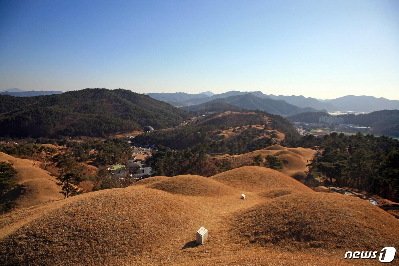 본문 이미지 - 고령 지산동 고분군에서 본 남쪽 고분군과 대가야 역사테마관광지 풍경ⓒ News1