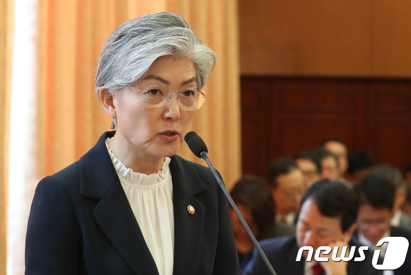 본문 이미지 - 강경화 외교장관이 10일 서울 종로구 정부서울청사에서 열린 외교통일위원회 외교부, 한국국제협력단, 한국국제교류재단, 재외동포재단, 한·아프리카재단에 대한 국정감사에서 업무보고를 하고 있다. 2018.10.10/뉴스1 ⓒ News1 송원영 기자