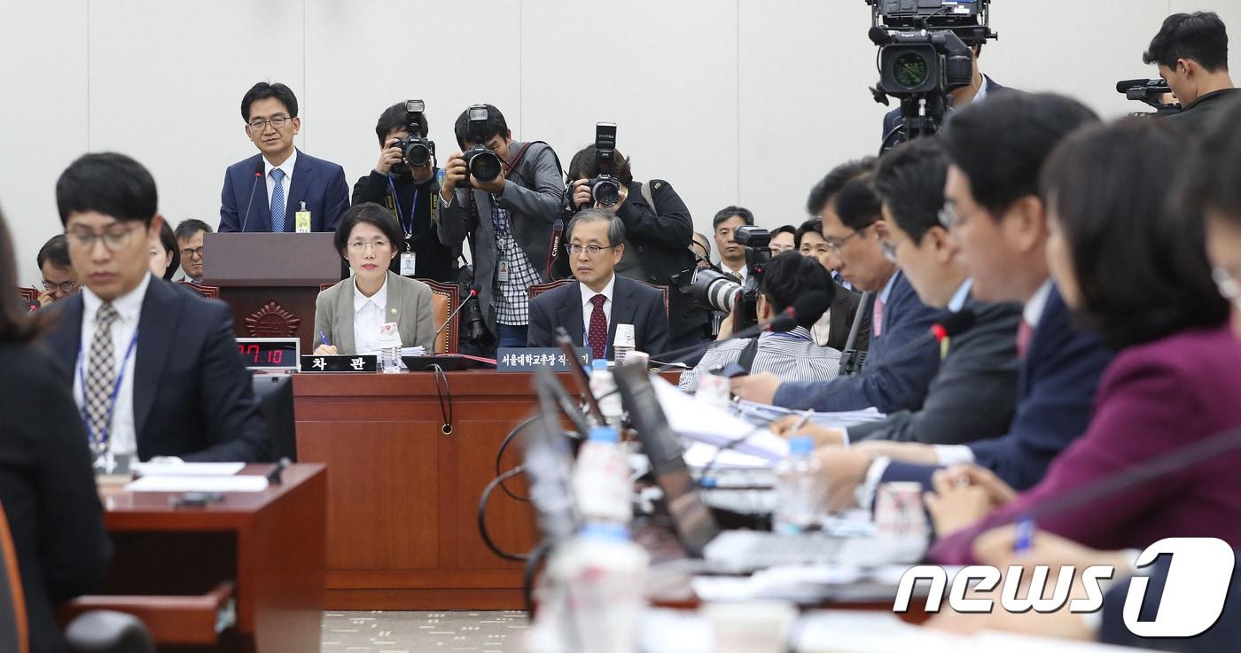 본문 이미지 - 이덕선 전 한국유치원총연합회 비상대책위원장이 지난 2018년 10월 서울 여의도 국회에서 열린 교육위원회의 교육부에 대한 종합감사에 출석해 박용진 더불어민주당 의원의 질의에 답하고 있다./뉴스1 DB ⓒ News1 임세영 기자