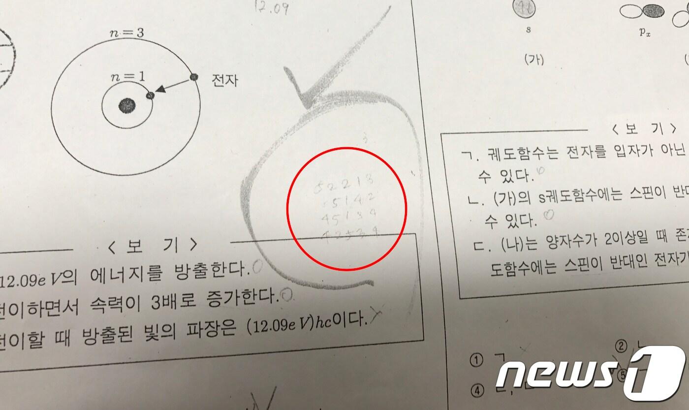 12일 오전 서울 수서경찰서가 공개한 숙명여고 쌍둥이 문제유출 사건의 압수품인 시험지에 해당 시험 문제의 정답(빨간 원)이 적혀있다.2018.11.12/뉴스1 ⓒ News1 이철 기자