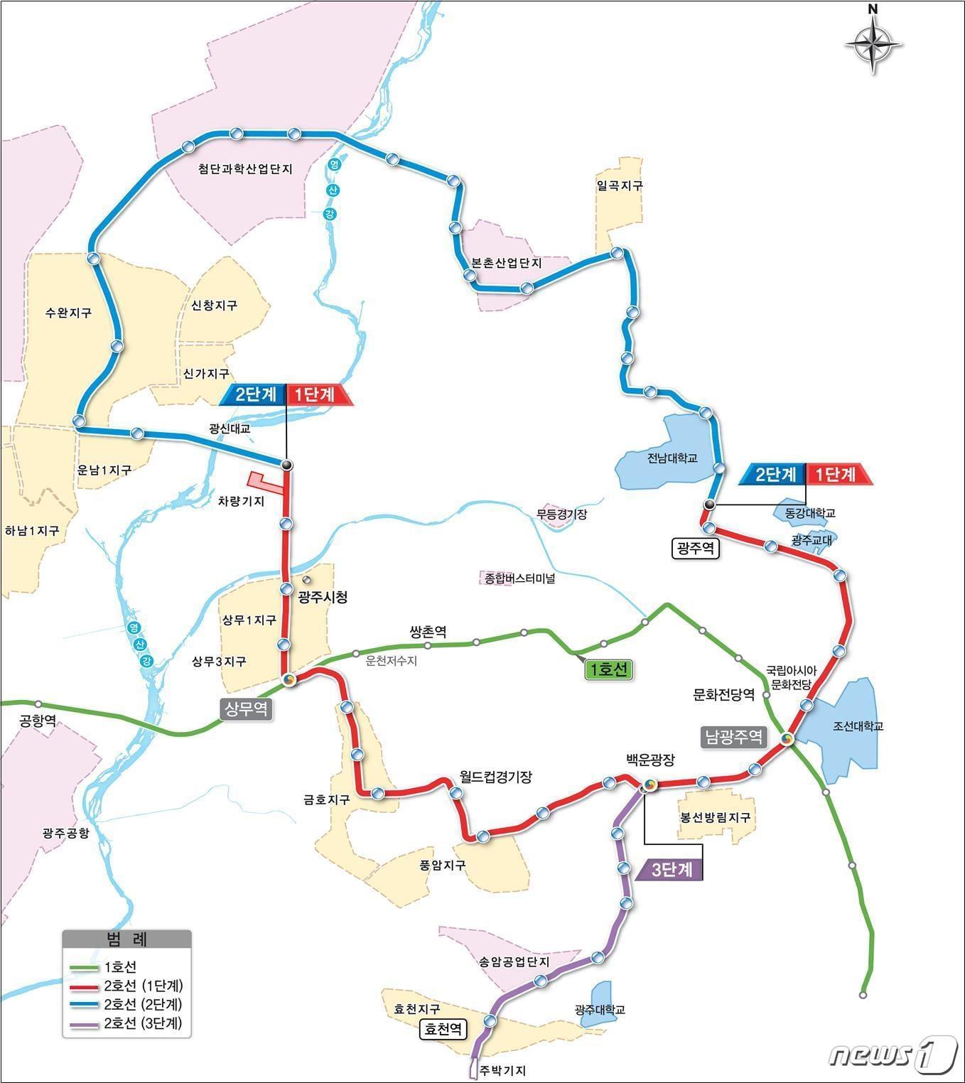 본문 이미지 - 광주 도시철도 2호선 계획노선도. 1단계(사진 붉은 색) 구간은 시청~상무역~금호지구~월드컵경기장~백운광장~남광주역~조선대~광주역까지 17.06km로 정거장 20개, 차량기지 1개소 등을 포함해 2023년 개통한다. 2단계(파란색) 구간은 광주역~전남대~일곡지구~본촌~첨단지구~수완지구~운남지구~시청(정거장 18개)까지 20km로 2024년 개통 예정이다. 3단계는 백운광장~진월~효천역 4.84km 구간(정거장 6개, 주박기지 1개소)으로 2025년 개통할 계획이다.(광주시 제공) 2018.11.12/뉴스1 ⓒ News1 