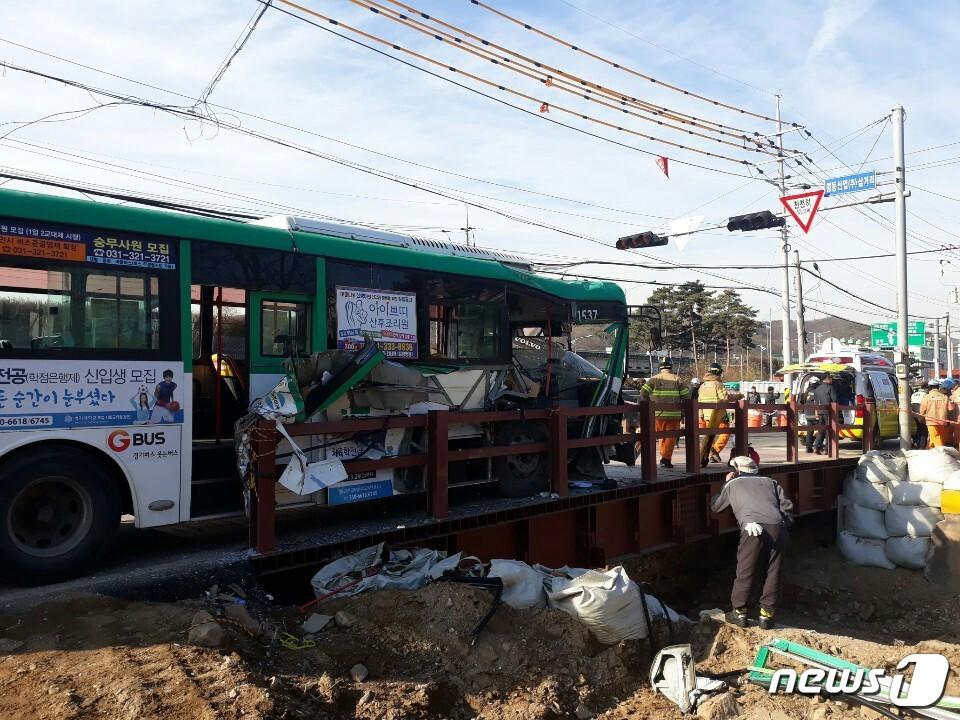 본문 이미지 - H빔을 들이 받은 사고 버스(경기도소방재난본부 제공)ⓒ News1