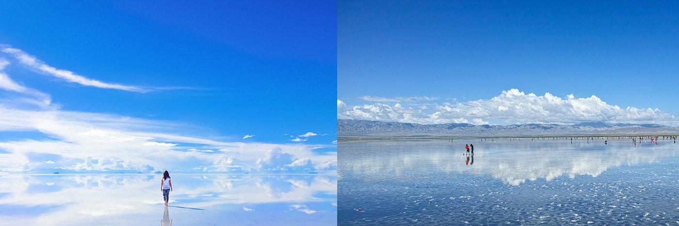 볼리비아 우유니 사막(왼쪽)과 중국 시닝 차카염호. 이하 스카이스캐너 제공