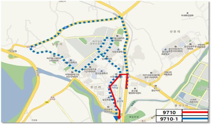본문 이미지 - 광역버스 9710번과 노선이 연장된 9710-1번 노선도. /사진제공=파주시청 ⓒ News1