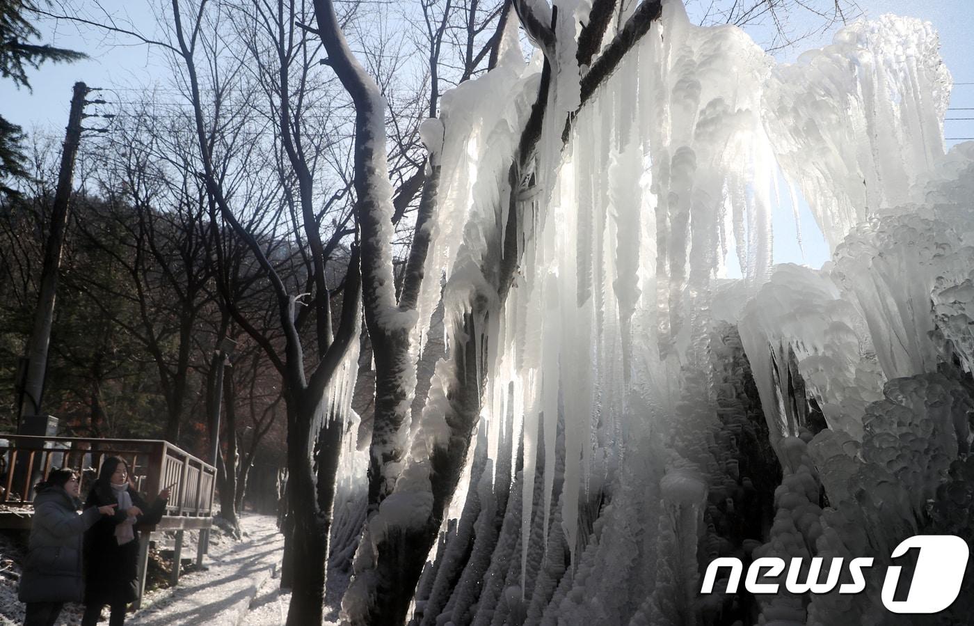 대전 동구 상소동 산림욕장 내 얼음동산을 찾은 시민들이 얼음기둥을 감상하고 있다. /뉴스1 ⓒ News1