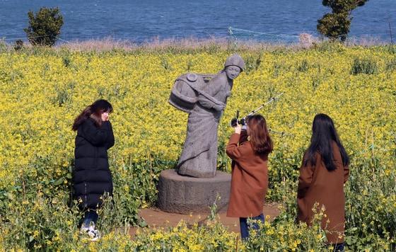 본문 이미지 - 제주 서귀포시 성산읍 한 유채밭에서 관광객들이 유채꽃과 함께 사진을 찍으며 즐겁게 시간을 보내고 있다. ⓒ News1 이석형 기자
