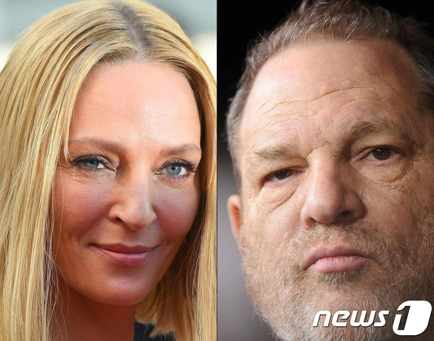 본문 이미지 - 할리우드 배우 우마 서먼과 할리우드 거물 제작자 하비 와인스타인. ⓒ AFP=뉴스1