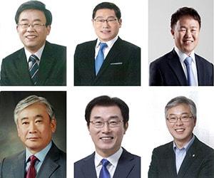 본문 이미지 - 맨위 왼쪽부터 강청룡 전 강원도의원, 안중기 전 국정원 팀장, 이재수 전 청와대 행정관, 정용기 전 강원문화진흥원장, 정재웅 전 강원도의원, 황찬중 춘천시의원. ⓒ News1 김경석 기자