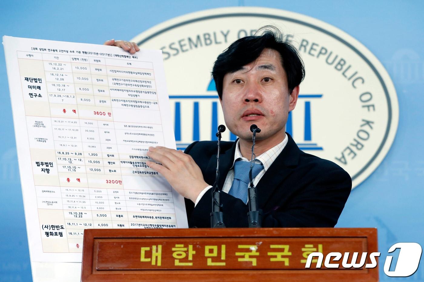 본문 이미지 - 하태경 바른미래당 최고위원이 12일 서울 여의도 국회 정론관에서 뇌물성 외유 의혹을 받고 있는 김기식 금융감독원장과 관련해 더미래연구소로 일감몰아주기를 했다고 추가 의혹을 제기하고 있다. 2018.4.12/뉴스1 ⓒ News1 안은나 기자