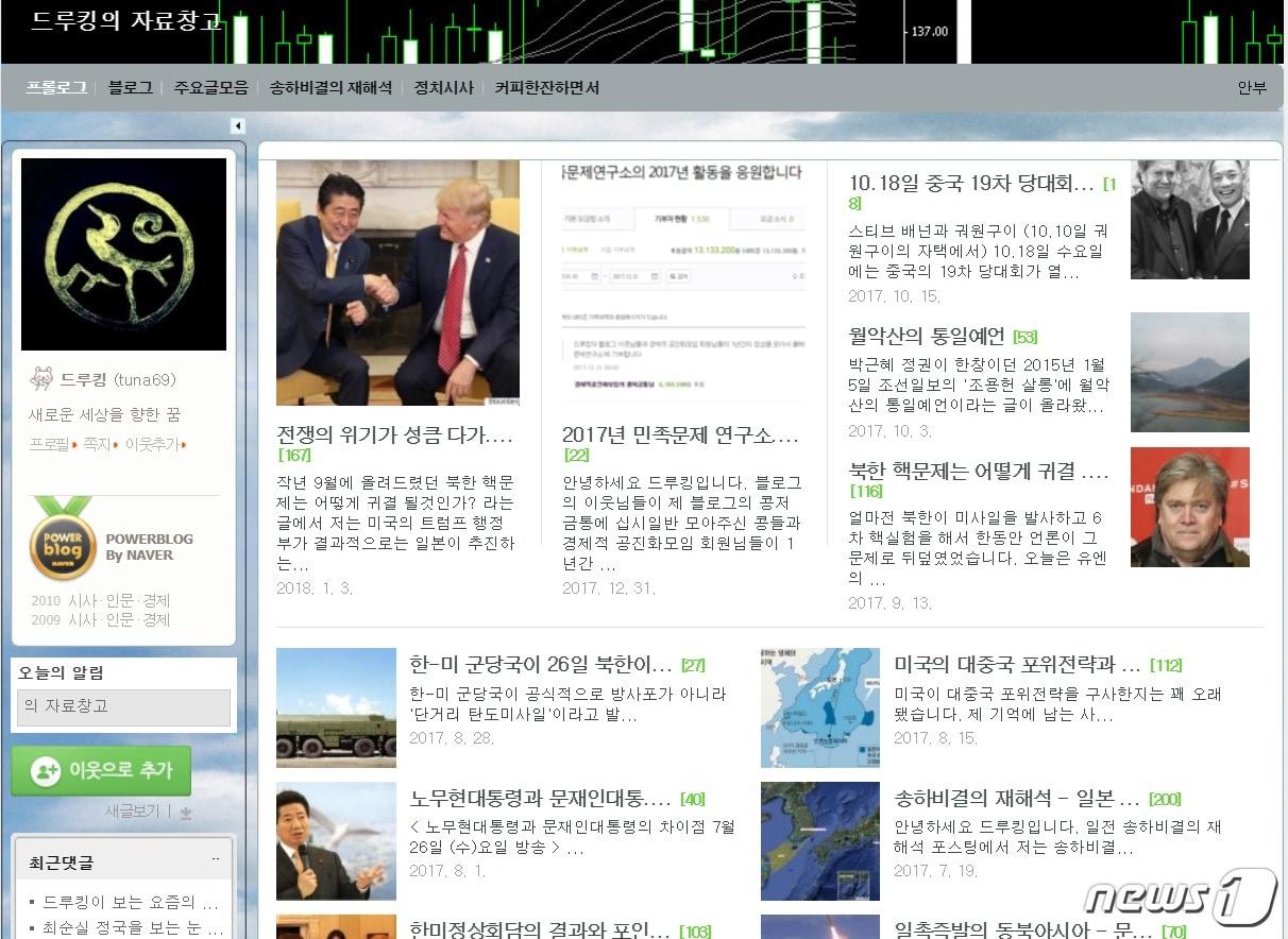 본문 이미지 - 17일 현재 게시물이 복구된 드루킹 블로그 모습.(화면캠처)ⓒ News1