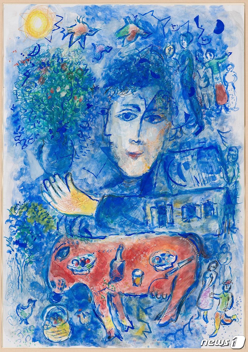 본문 이미지 - 두개의 파란 옆모습 이중초상과 빨간 당나귀 Marc Chagall, Double profil bleu et &acirc;ne rouge (1980) gouache and pastel on paper, Private Collection ⓒ ADAGP, Paris - SACK, Seoul, 2018, Chagall(M컨템포러리 제공)
