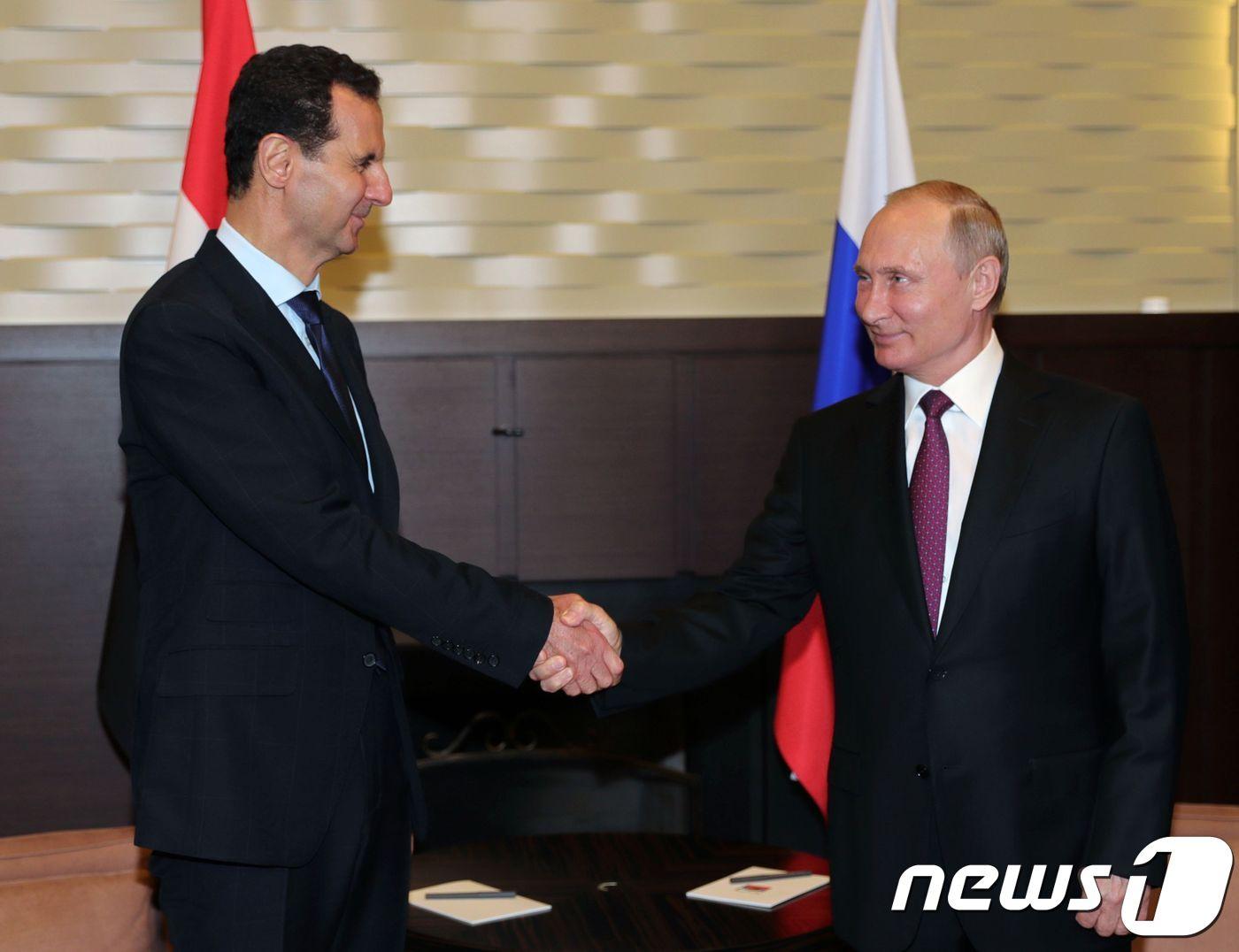 본문 이미지 - 블라디미르 푸틴 러시아 대통령과 바샤르 아사드 시리아 대통령이 러시아 소치에서 만나 악수를 하고 있다. ⓒ AFP=뉴스1 ⓒ News1 우동명 기자