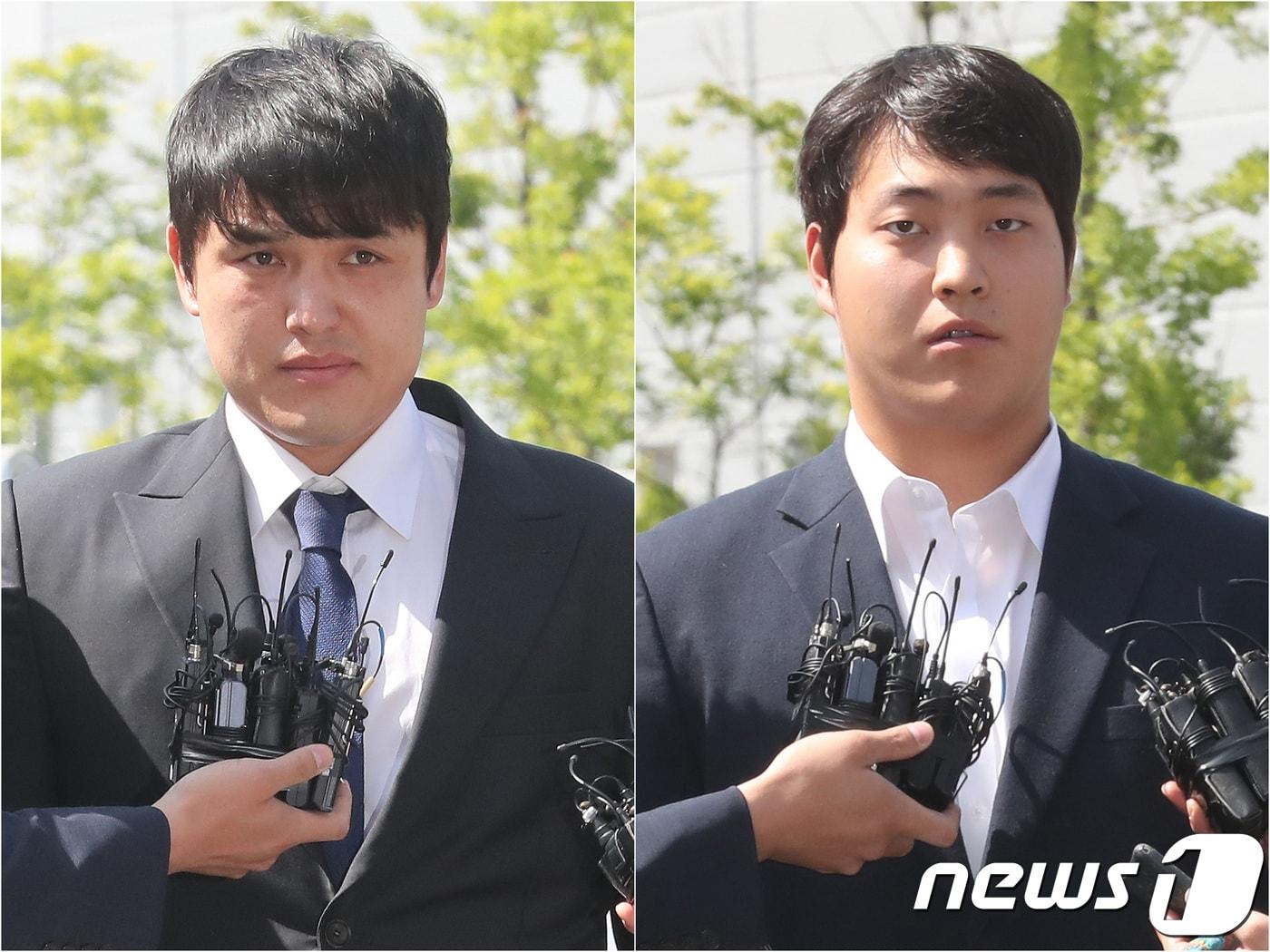 본문 이미지 - 성폭행 혐의를 받고 있는 넥센 히어로즈 포수 박동원(28, 왼쪽)과 투수 조상우(24)가 28일 오전 경찰조사를 받기 위해 인천 남동구 구월동 남동경찰서에 출석해 취재진의 질문에 답하고 있다. 2018.5.28/뉴스1 ⓒ News1 임세영 기자