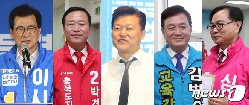 본문 이미지 - 6·13지방선거 충북지사 및 충북도교육감 후보들. 왼쪽부터 더불어민주당 이시종, 자유한국당 박경국, 바른미래당 신용한 후보. 이어서 교육감 선거에 나선 김병우, 심의보 후보.ⓒ News1 D.B