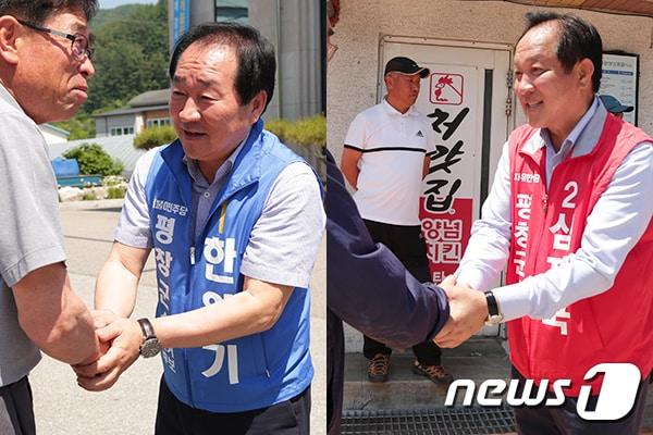 본문 이미지 - 본격 선거운동 기간인 1일 강원 평창군수 후보인 한왕기 더불어민주당 후보(왼쪽)와 심재국 자유한국당 후보가 군민들과 반갑게 악수하고 있다.2018.6.1/뉴스1 ⓒ News1 권혜민 기자
