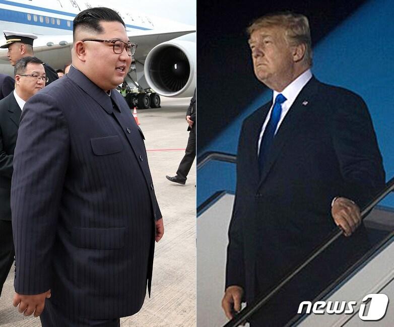 본문 이미지 - 북미 정상회담을 이틀 앞둔 10일 김정은 북한 국무위원장이 싱가포르 창이공항에 도착하고 있다(왼쪽). 같은 날 도널드 트럼프 미국 대통령이 싱가포르 파야 레바르 공군기지에 도착해 전용기에서 내리고 있다. 김정은-트럼프는 12일 센토사섬 카펠라호텔에서 역사적인 북미정상회담을 갖는다. (싱가포르 국제미디어센터, AFP)2018.6.10/뉴스1
