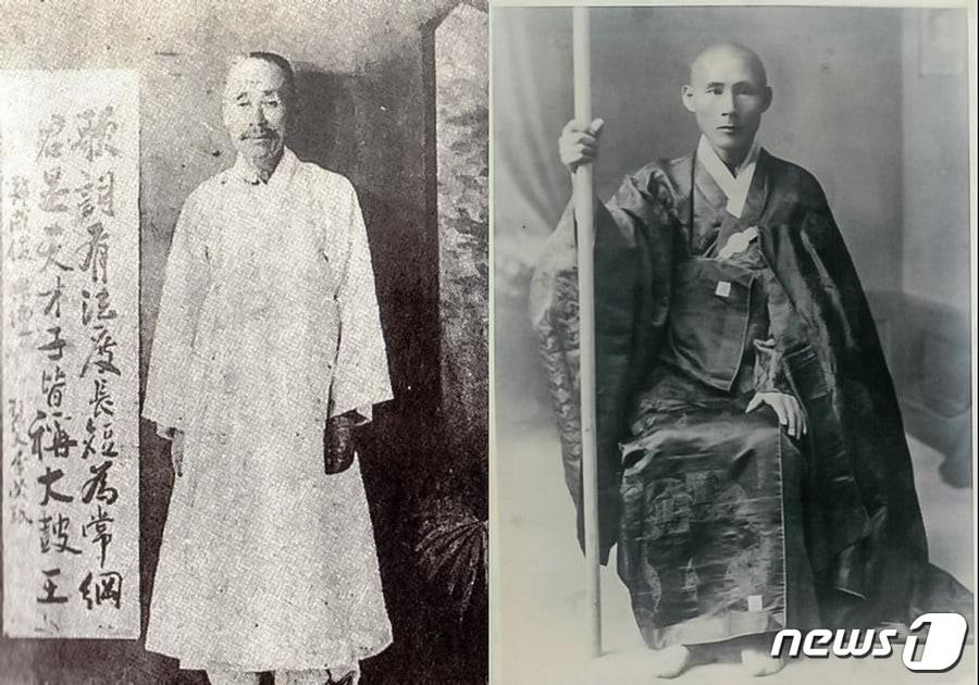 본문 이미지 - 한국 전통무악의 거장 한성준(1874-1941, 왼쪽)과 현대 한국불교의 종장 만공선사(1871-1946)ⓒ News1