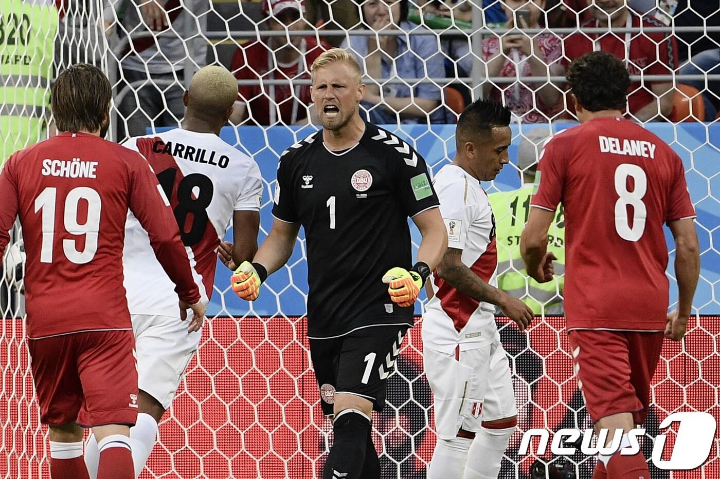 덴마크의 주전 골키퍼 카스퍼 슈마이켈이 17일(한국시간) 러시아 사란스크의 모르도비아 아레나에서 열린 페루와의 2018 국제축구연맹(FIFA) 러시아 월드컵 C조 조별예선 1차전에서 동료들을 독려하고 있다. ⓒ AFP=News1