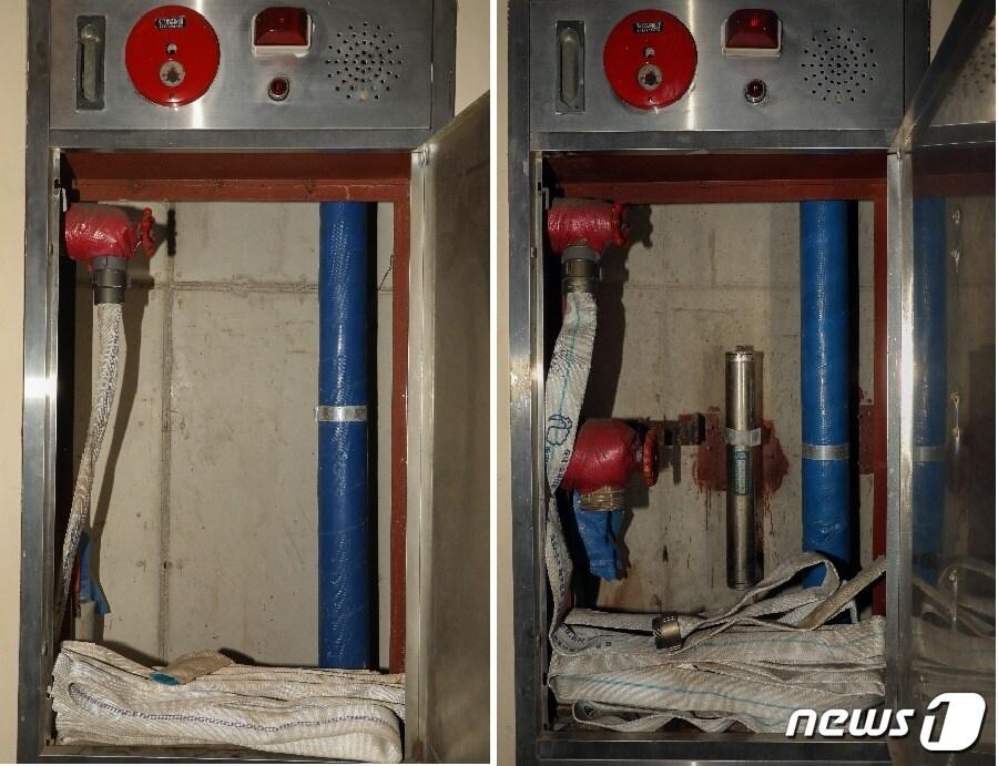 본문 이미지 - 19일 오전 광주 광산구 한 아파트의 소화전이 소방호스와 연결돼 물을 내뿜는 장치인 관창이 없는 채로 있다. 일부는 소방 호스 일부도 잘려 있고(왼쪽) 일부는 관창만 사라졌다.2018.6.20/뉴스1 ⓒ News1 한산 기자