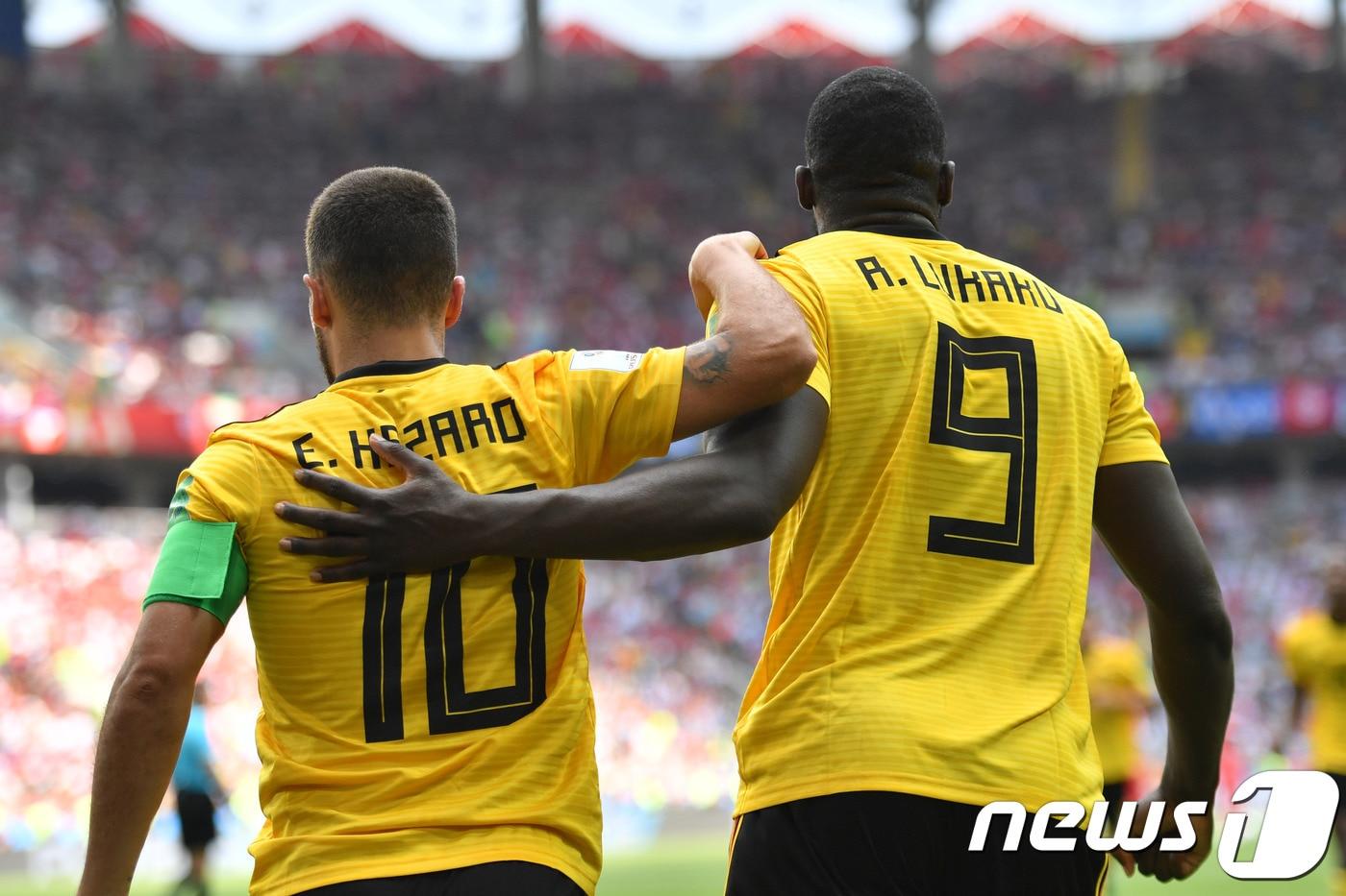 벨기에의 에당 아자르와 로멜루 루카쿠가 23일(한국시간) 튀니지와의 2018 러시아월드컵 G조 조별예선 2차전에서 두골씩 넣었다. ⓒ AFP=News1