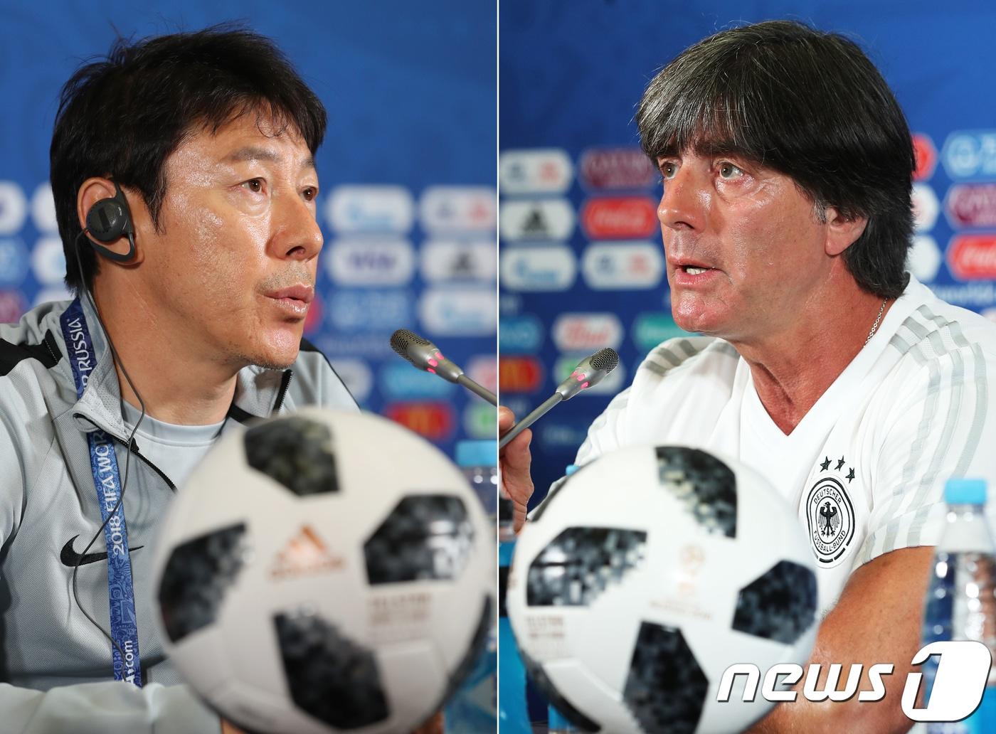 본문 이미지 - 한국 축구대표팀 신태용 감독(왼쪽)과 독일 요하임 뢰브 감독이 2018 러시아월드컵 F조 3차전 대한민국과 독일의 경기를 하루 앞둔 26일 오후(현지시간) 러시아 카잔 아레나에서 열린 기자회견에서 각각 각오를 밝히고 있다. 2018.6.26/뉴스1 ⓒ News1 오대일 기자