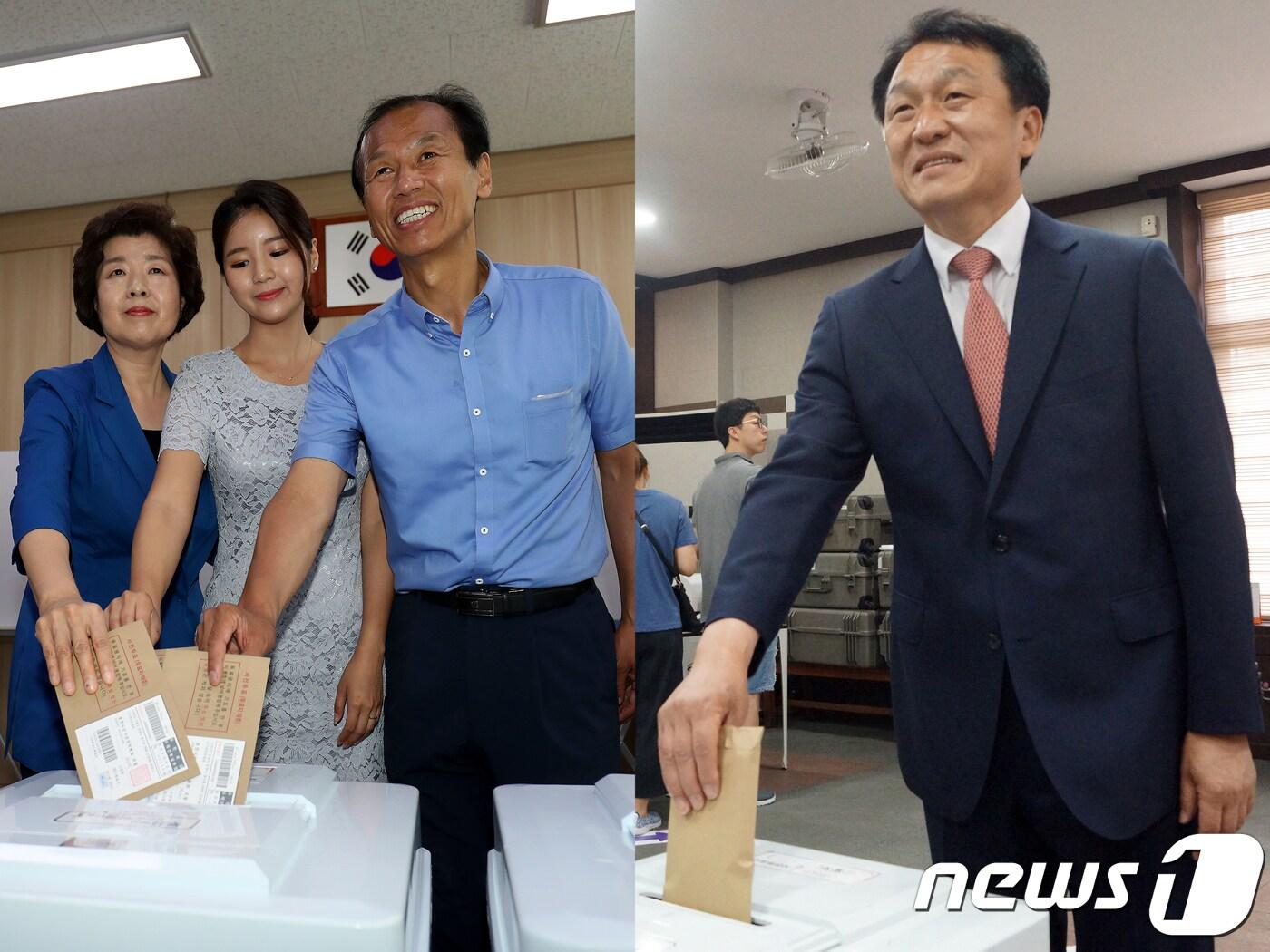 본문 이미지 - 6‧13 지방선거 사전투표날인 8일 여야 정당의 강원도지사 후보들이 각 지역 사전투표소를 찾아 투표하고 있다. 왼쪽부터 최문순 더불어민주당 후보 가족, 정창수 자유한국당 후보.2018.6.8/뉴스1 ⓒ News1 서근영 기자