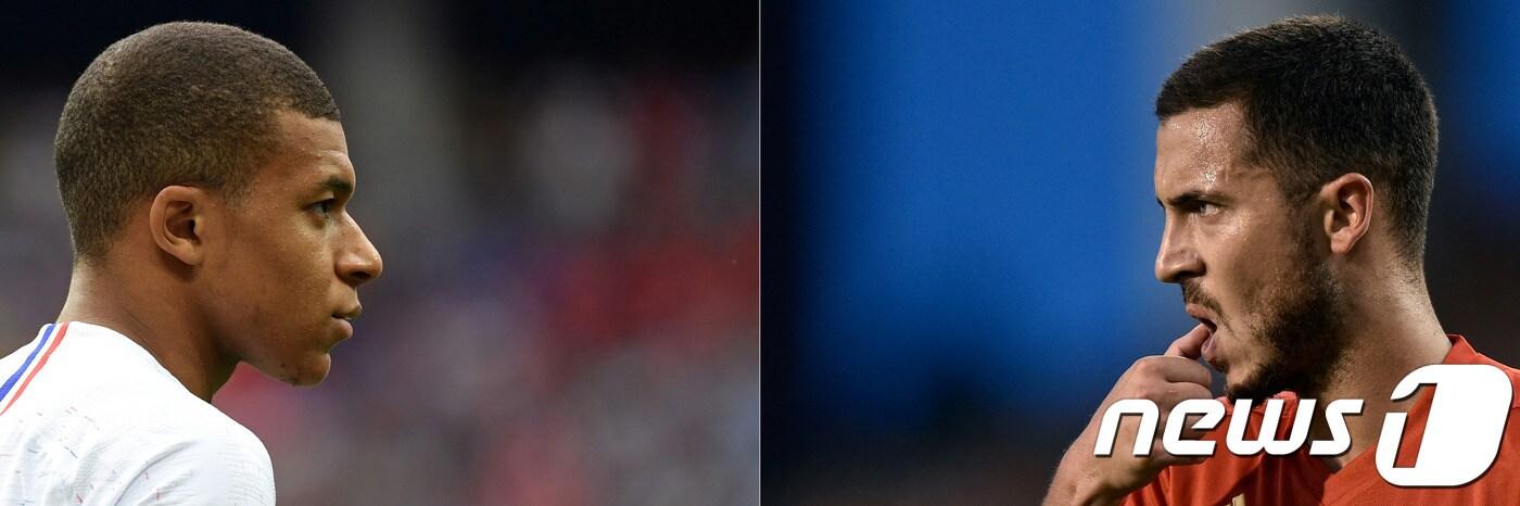 2018 국제축구연맹(FIFA) 러시아 월드컵 결승 진출을 다투는 프랑스의 킬리언 음바페(왼쪽)와 벨기에의 에당 아자르. ⓒ AFP=News1