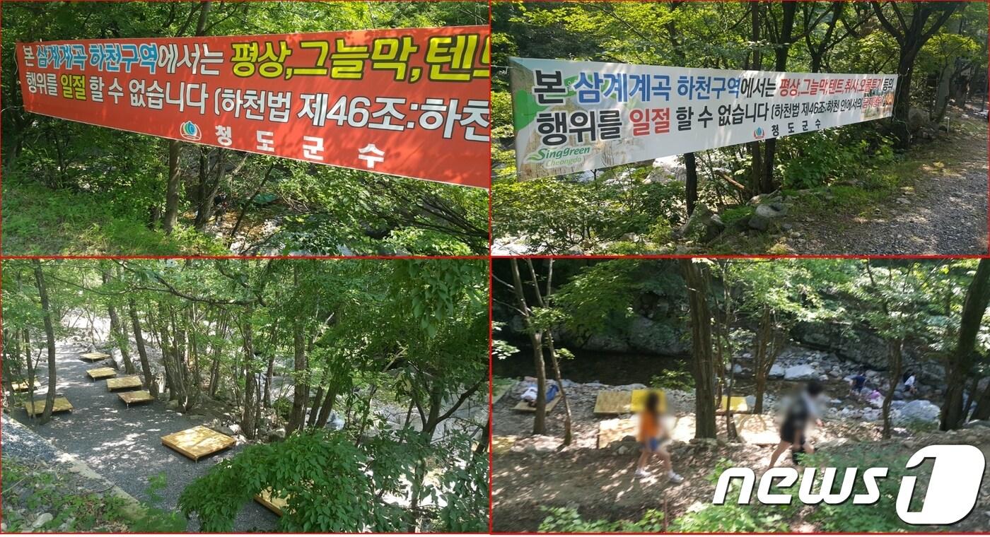 경북지역 대표 피서지 중 한 곳인 청도 삼계계곡에 설치된 수십개의 평상이 피서객들에 돈을 받고 대여되고 있다. 청도군은 계곡 내 '평상설치와 취사 행위' 등을 금지하고 있지만 지켜지지 않고 있다. 2018. 7. 17. 정지훈 기자/뉴스1 ⓒ News1