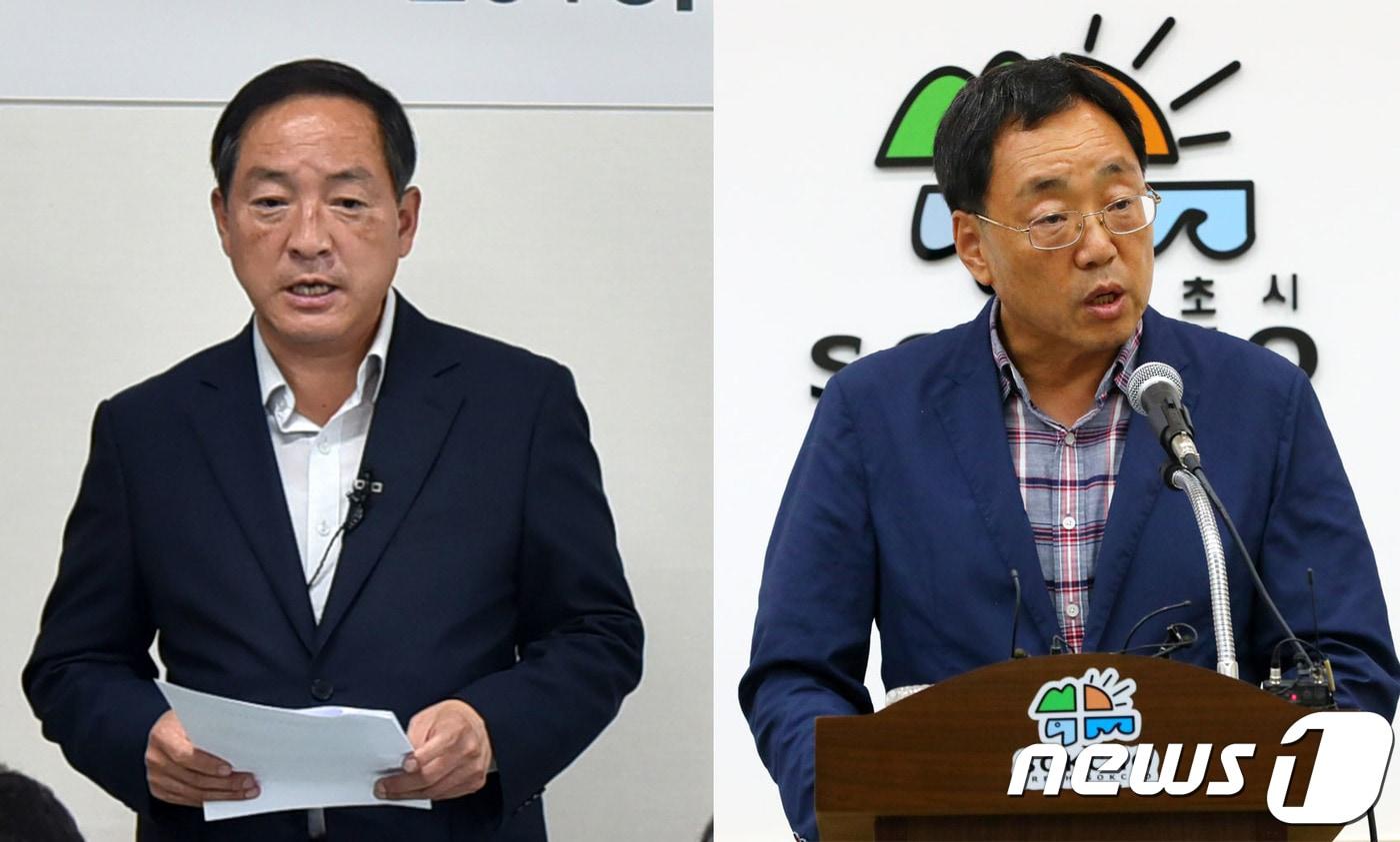 본문 이미지 - 기자회견하는 이병선 자유한국당 전 속초시장(왼쪽)과 김철수 더불어민주당 속초시장. 2018.7.19/뉴스1 ⓒ News1