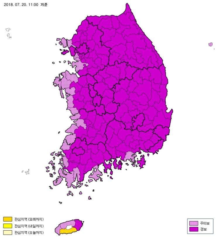 본문 이미지 - 20일 오전 11시 기준 기상청 폭염 특보 발효 현황 ⓒ News1