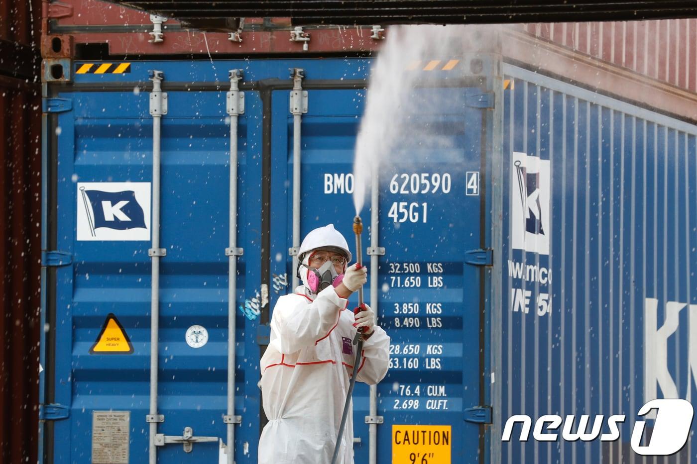 인천 중구 인천항 인천컨테이너터미널 야적장에서 방역당국이 붉은불개미 확산 방지를 위한 컨테이너 방역작업을 하고 있다. (사진은 기사 내용과 무관함) / 뉴스1 ⓒ News1