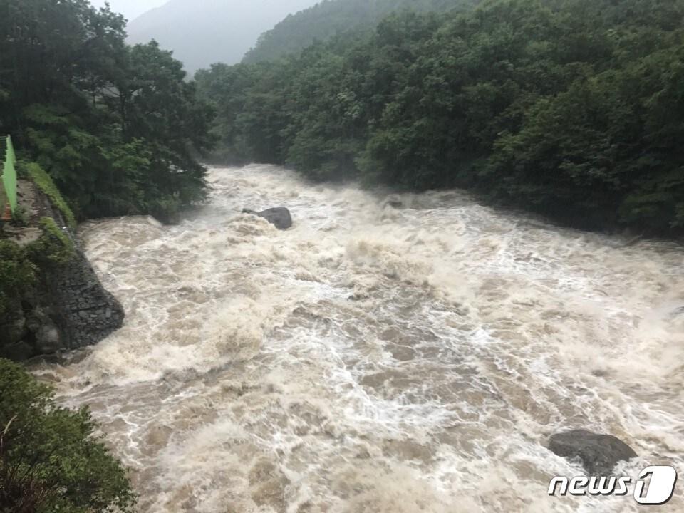 본문 이미지 - 26일 오후 전남 구례군 토지면 피아골 연곡사 인근 계곡물이 폭우로 급격히 불어나고 있다.호우경보가 발표 중인 지리산 피아골은 이날 오전 0시부터 오후 4시까지 272㎜의 폭우가 내렸다.(구례군 제공)2018.8.26/뉴스1 ⓒ News1 서순규 기자