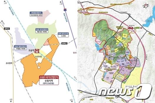 본문 이미지 - 31일 국가산업단지 후보지로 선정된 청주 오송 제3생명과학단지와 충주 바이오헬스 국가산단 위치도.(충북도 제공) 2018.8.31/뉴스1ⓒ News1