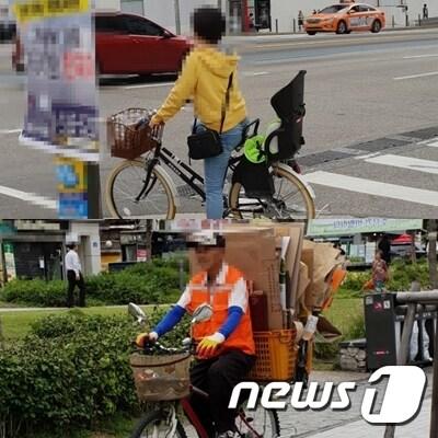 본문 이미지 - 28일 자전거 헬멧 착용 의무화 첫 날 보호장구를 쓰지 않고 도로를 다니고 있는 시민들의 모습. ⓒ News1
