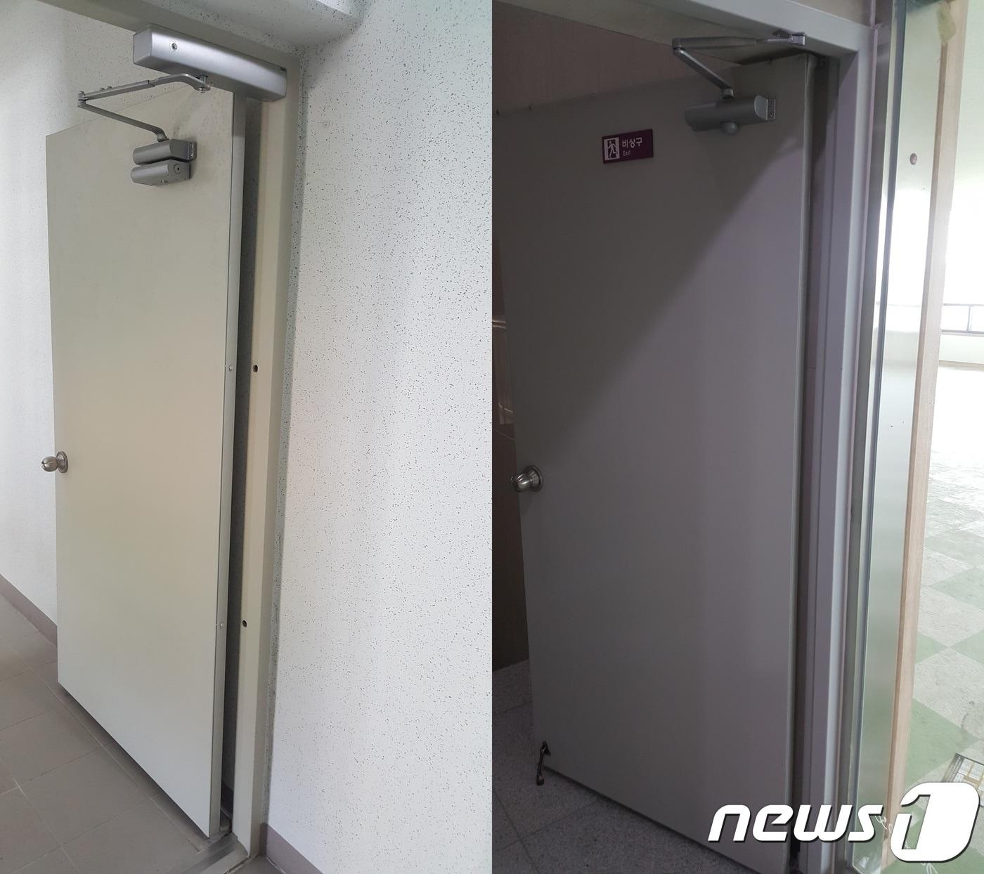 본문 이미지 - 왼쪽 방화핀이 설치된 방화문. 오른쪽 방화핀이 설치되지 않은 방화문(인천지방경찰청 제공)2018.9.4/뉴스1 ⓒ News1 박아론 기자