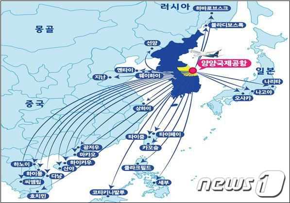 본문 이미지 - 플라이강원 취항예정 노선도. (강원도 제공) 2019.1.17/뉴스1 ⓒ News1 하중천 기자