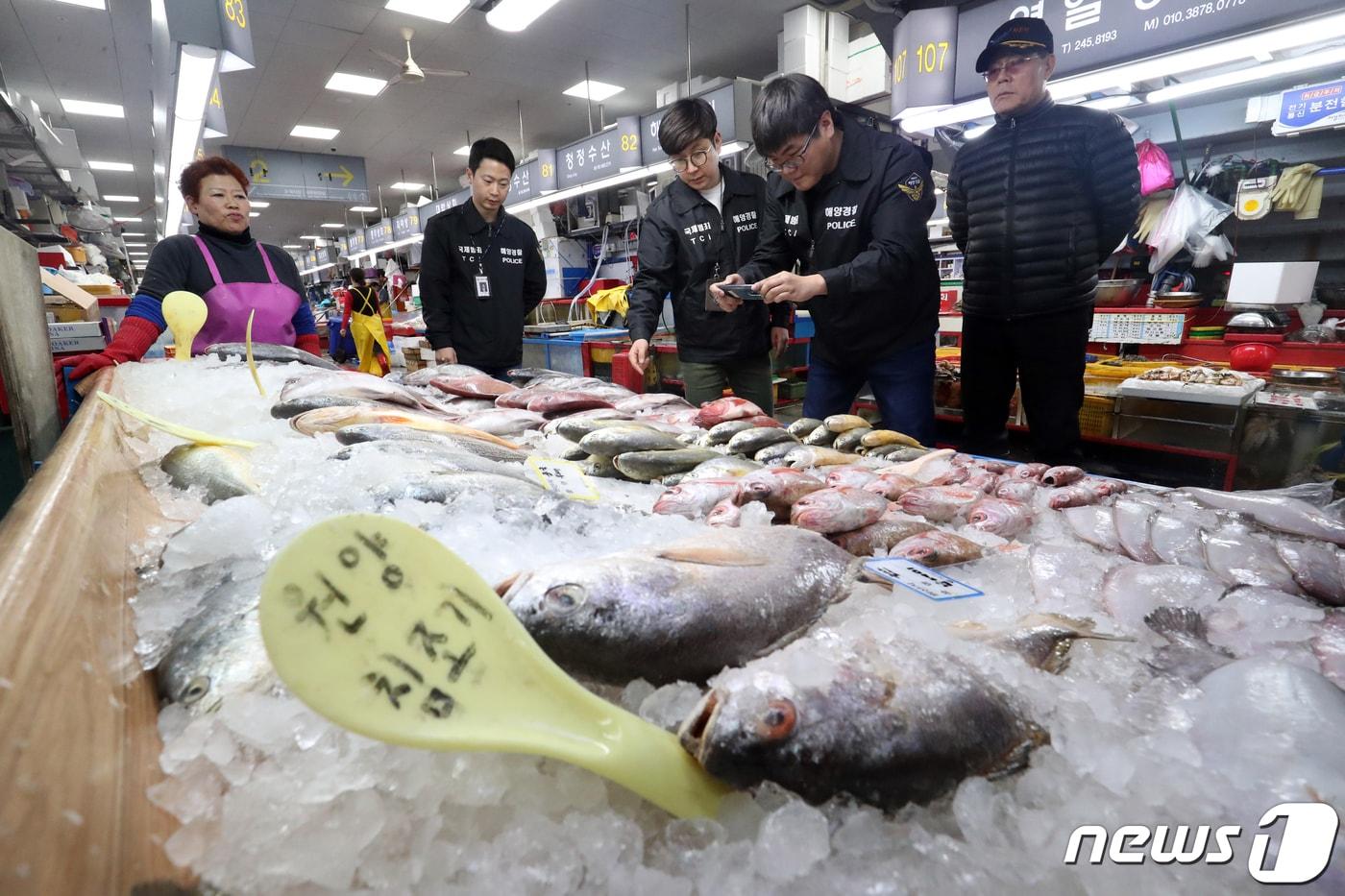 본문 이미지 - 지난해 설 명절을 앞둔 24일 오후 부산 자갈치시장에서 부산 해경 단속반이 수산물 원산지 허위 표시에 대한 단속을 하고 있다. (뉴스1 자료)ⓒ News1 
