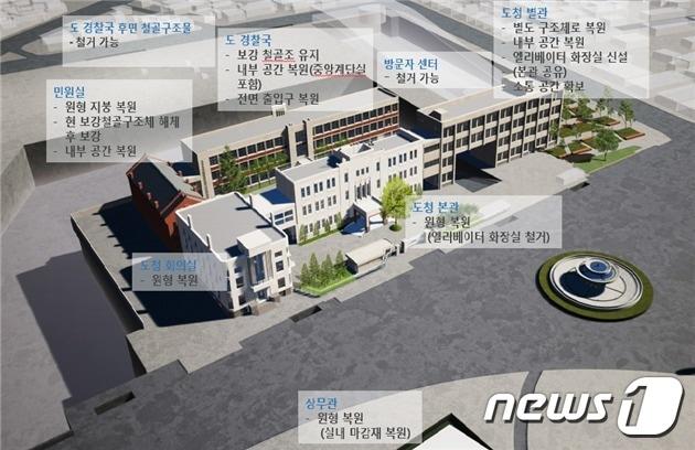 본문 이미지 - 문화체육관광부가 29일 오후 광주 동구 옛 전남도청 별관 1층에서 옛 전남도청 복원 기본계획 용역 최종 보고회를 연다. 보고회에서는 구 도청 본관·별관·회의실, 전남경찰청, 본관·민원실, 상무관 등 건물 6동의 외형복원이 발표될 계획이다. 그림은 문체부가 공개한 옛 전남도청의 복원 후 조감도.(문화체육관광부 제공)2019.1.29/뉴스1