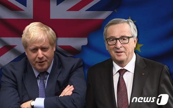 본문 이미지 - 보리스 존슨 영국 총리(왼쪽)과 장 클로드 융커 유럽연합(EU) 집행위원장. ⓒ News1 이지원 디자이너