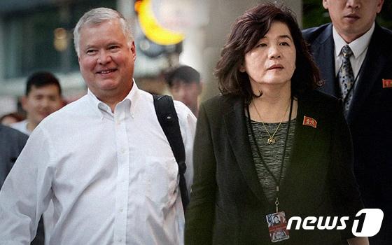 본문 이미지 - 스티브 비건 미 국무부 부장관 겸 대북특별대표(왼쪽)과 최선희 북한 외무성 제1부상. ⓒ News1 최수아 디자이너