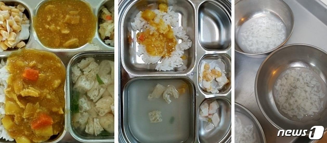 본문 이미지 - 충북 청주 청원구 한 어린이집에서 학부모들에게 보낸 식단 사진(왼쪽)과 실제 제공된 식단(가운데), 원아들에게 간식으로 제공된 죽 사진(오른쪽). (인터넷 커뮤니티 갈무리). ⓒ 뉴스1