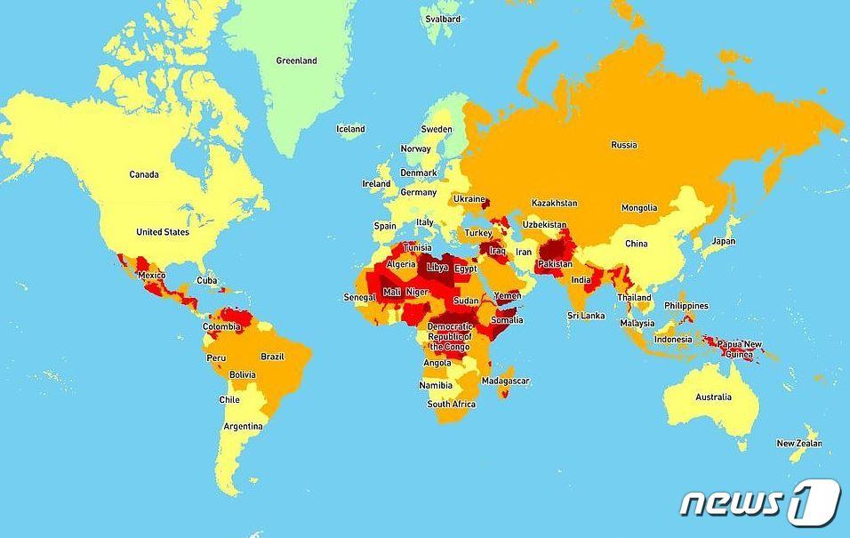 본문 이미지 - 세계 위험 지역.  새이 짙은 곳일수록 안정성을 보장 못하는 곳이다. (인터내셔널 SOS) ⓒ 뉴스1