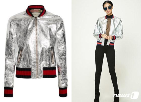 본문 이미지 - 구찌 가죽  항공  재킷(왼쪽),과 포에버21의 메탈릭 인조가죽 항공 재킷.  포에버21 제품이 구찌 제품 디자인을 도용했다는 논란에 휩싸였다. 가격은 왼쪽 구찌 제품이 3600달러(약 420만원),  오른쪽 포에버21 제품이 34.90달러(약 4만원)다..ⓒ News1 김일환 디자이너