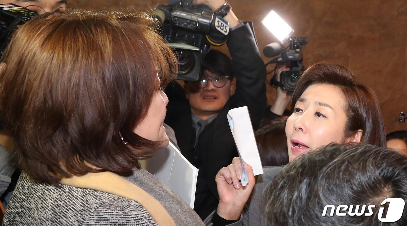 본문 이미지 - 29일 서울 여의도 국회 로텐더홀 주변에서 과거사법 처리를 촉구하며 피켓시위를 하던 이재정 더불어민주당 의원이 나경원 자유한국당 원내대표와 정양석 원내수석부대표 등이 지나가자 '20대 국회 이대로 살인자가 되겠습니까'라고 외치며 달려들다 취재진과 엉키고 있다.2019.11.29/뉴스1 ⓒ News1 이종덕 기자