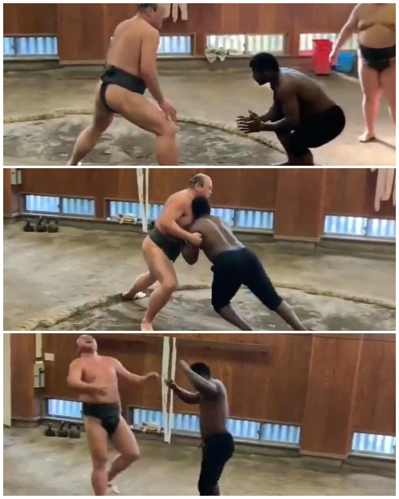 본문 이미지 - 일본에서 스모 선수와 훈련 중인 야시엘 푸이그. (푸이그 트위터 캡처) ⓒ 뉴스1