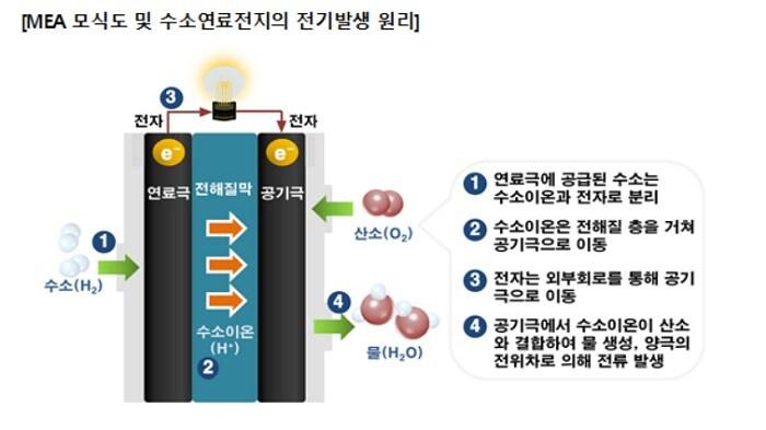 본문 이미지 - 수소연료전지 전기발생 원리도.(코오롱인더스트리 제공)ⓒ 뉴스1