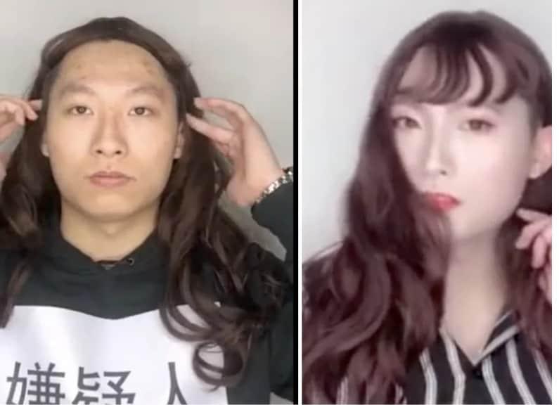 본문 이미지 - 남성경찰이 여성으로 분장했다. 분장 전후의 모습 - 웨이보 갈무리