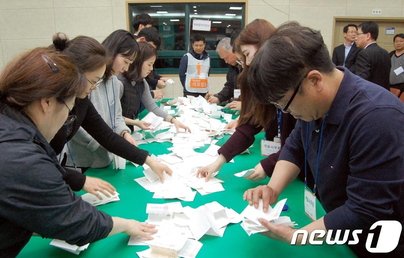 본문 이미지 - 13일 괴산군청 회의실에서 2회 전국동시조합장선거 개표작업을 하고 있다.2019.3.13ⓒ 뉴스1 김정수 기자